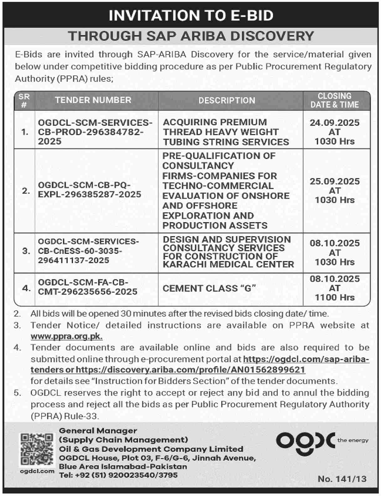 Oil & Gas Development Company Limited Islamabad Tender Notice-3